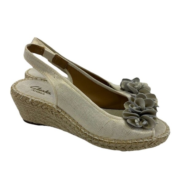 Clarks Artisan Slingback Espadrille Wedge Sandal Leather Flower SlipOn Women 7.5 - Picture 1 of 16